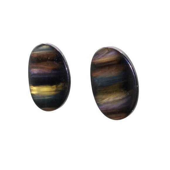 Lucite Earrings, Black Studs with Shimmering Muted Rainbow Sheen in Striped - Picture 1 of 3